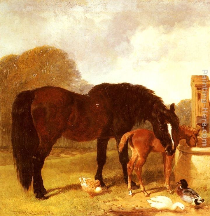 John Frederick Herring Snr Horse and Foal watering at a trough